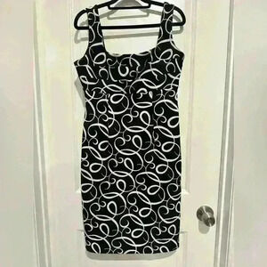 London Times Black&White Spiral Pattern Sheath Sleeveless Pockets Dress Size 10